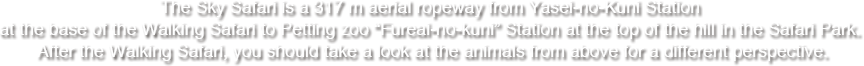 The Sky Safari is a 317 m aerial ropeway from Yasei-no-Kuni Station at the base of the Walking Safari to Petting zoo “Fureai-no-kuni” Station at the top of the hill in the Safari Park.After the Walking Safari, you should take a look at the animals from above for a different perspective.