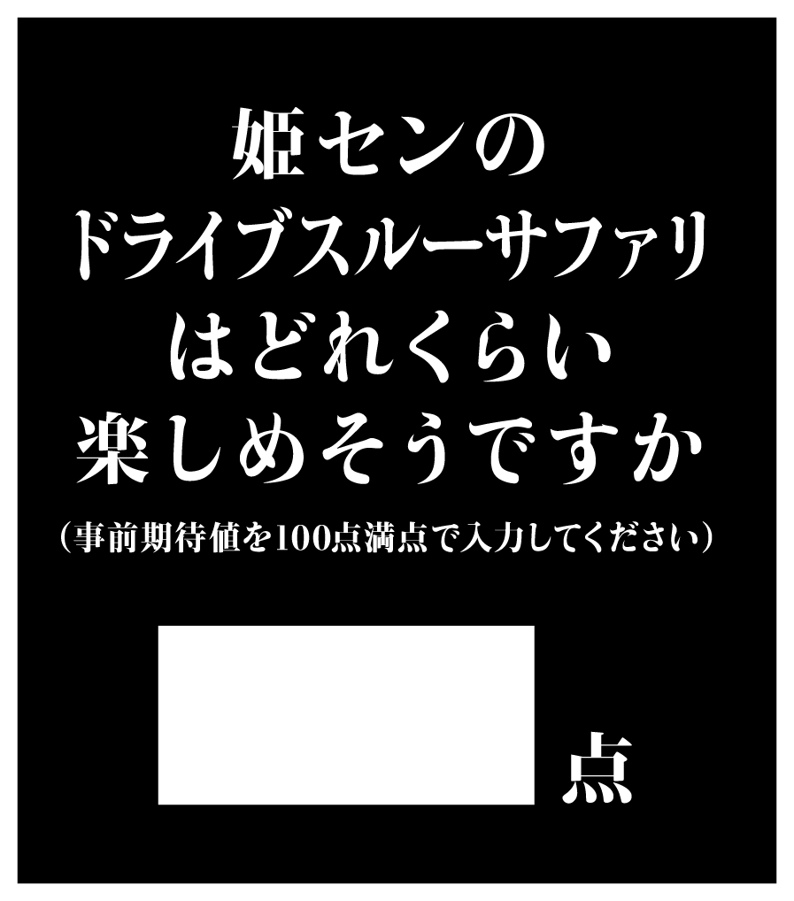 姫センのドライブスルーサファリはどれくらい楽しめそうですか（事前期待値を100点満点で入力してください）？点
